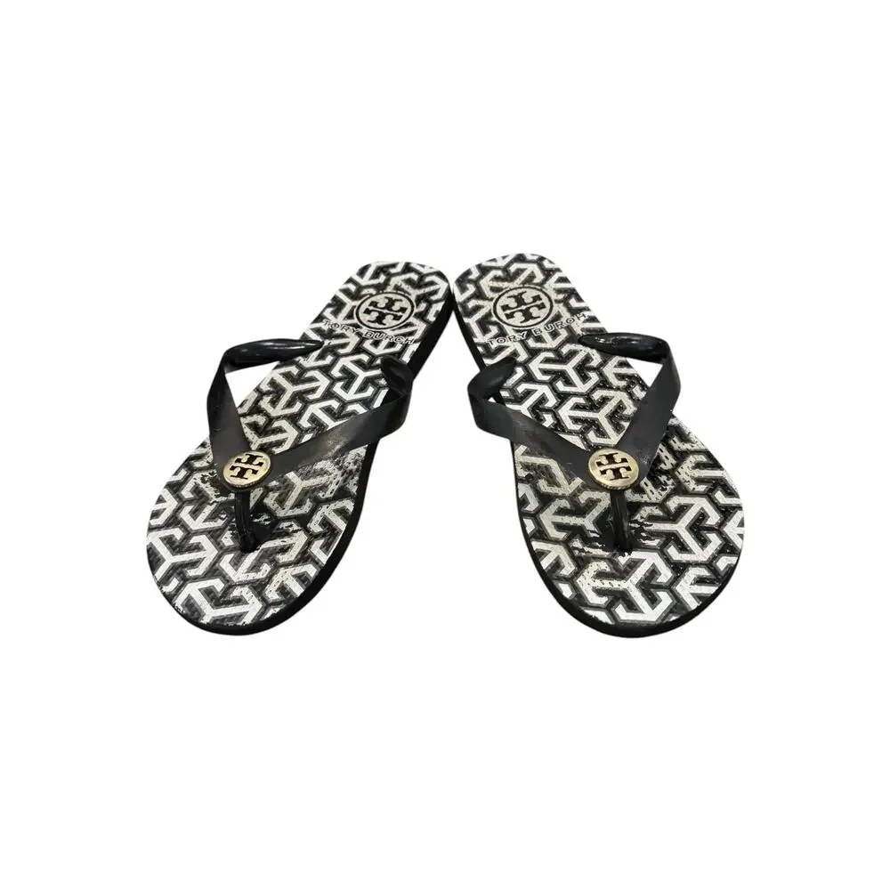 Tory Burch Chelsea Geometric Thin Flip Flop Sandals Black White Sz 7